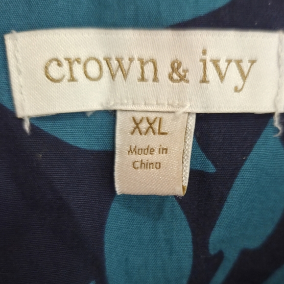 Crown & Ivy Dark Blue And Teal Floral Short Sleeve Top With Shoulder Ruffles XXL - Picture 5 of 5